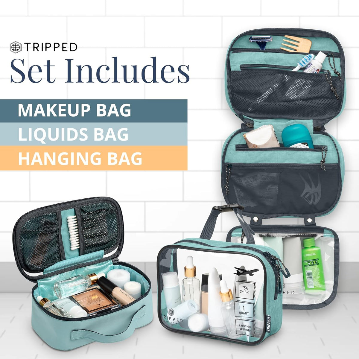 Toiletry Bag Kit 3 Piece Set: Hanging Travel Toiletry Bag + 311 TSA Cosmetic Liquid Bag + Accessory Organizer Pouch
