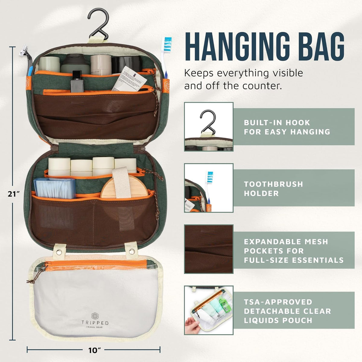 Toiletry Bag Kit 3 Piece Set: Hanging Travel Toiletry Bag + 311 TSA Cosmetic Liquid Bag + Accessory Organizer Pouch