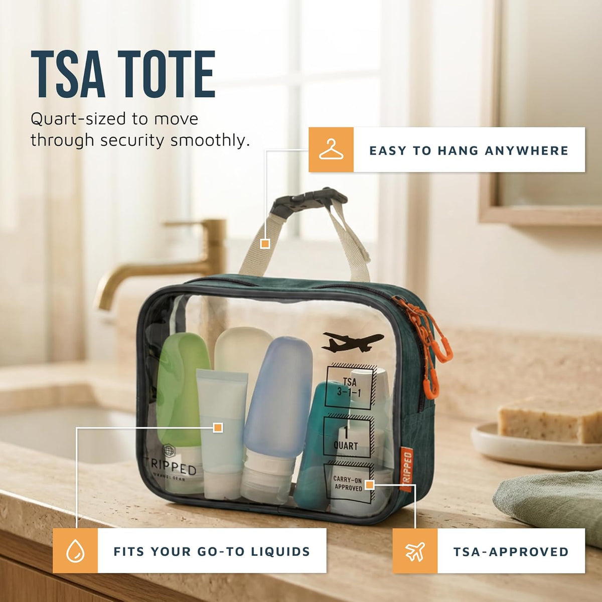 Toiletry Bag Kit 3 Piece Set: Hanging Travel Toiletry Bag + 311 TSA Cosmetic Liquid Bag + Accessory Organizer Pouch