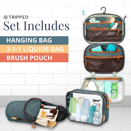 Toiletry Bag Kit 3 Piece Set: Hanging Travel Toiletry Bag + 311 TSA Cosmetic Liquid Bag + Accessory Organizer Pouch
