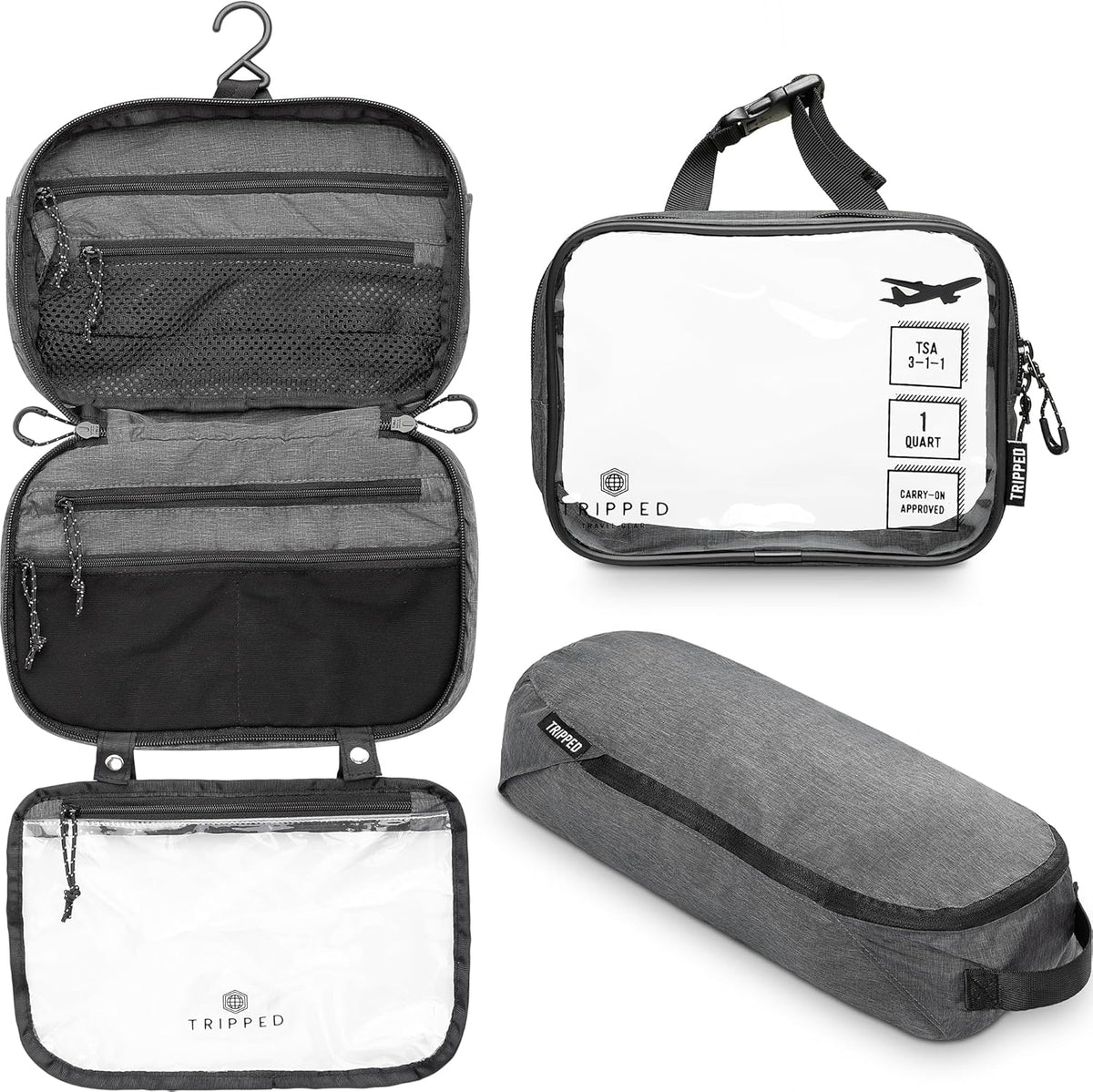 Toiletry Bag Kit 3 Piece Set: Hanging Travel Toiletry Bag + 311 TSA Cosmetic Liquid Bag + Accessory Organizer Pouch