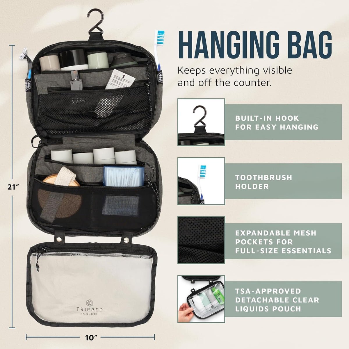 Toiletry Bag Kit 3 Piece Set: Hanging Travel Toiletry Bag + 311 TSA Cosmetic Liquid Bag + Accessory Organizer Pouch
