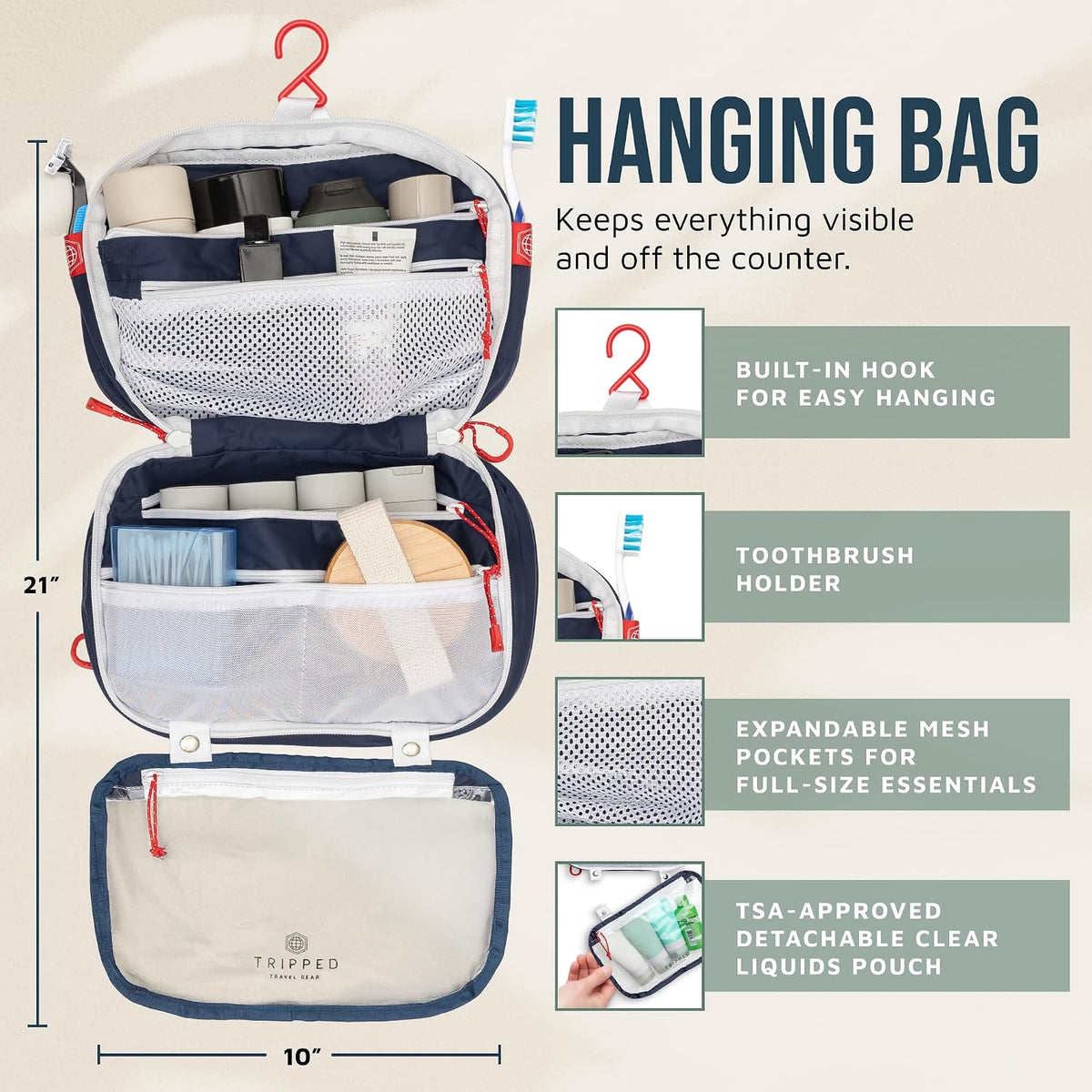 Toiletry Bag Kit 3 Piece Set: Hanging Travel Toiletry Bag + 311 TSA Cosmetic Liquid Bag + Accessory Organizer Pouch