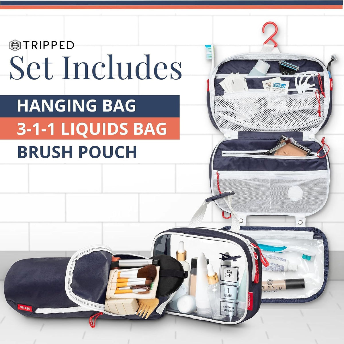 Toiletry Bag Kit 3 Piece Set: Hanging Travel Toiletry Bag + 311 TSA Cosmetic Liquid Bag + Accessory Organizer Pouch