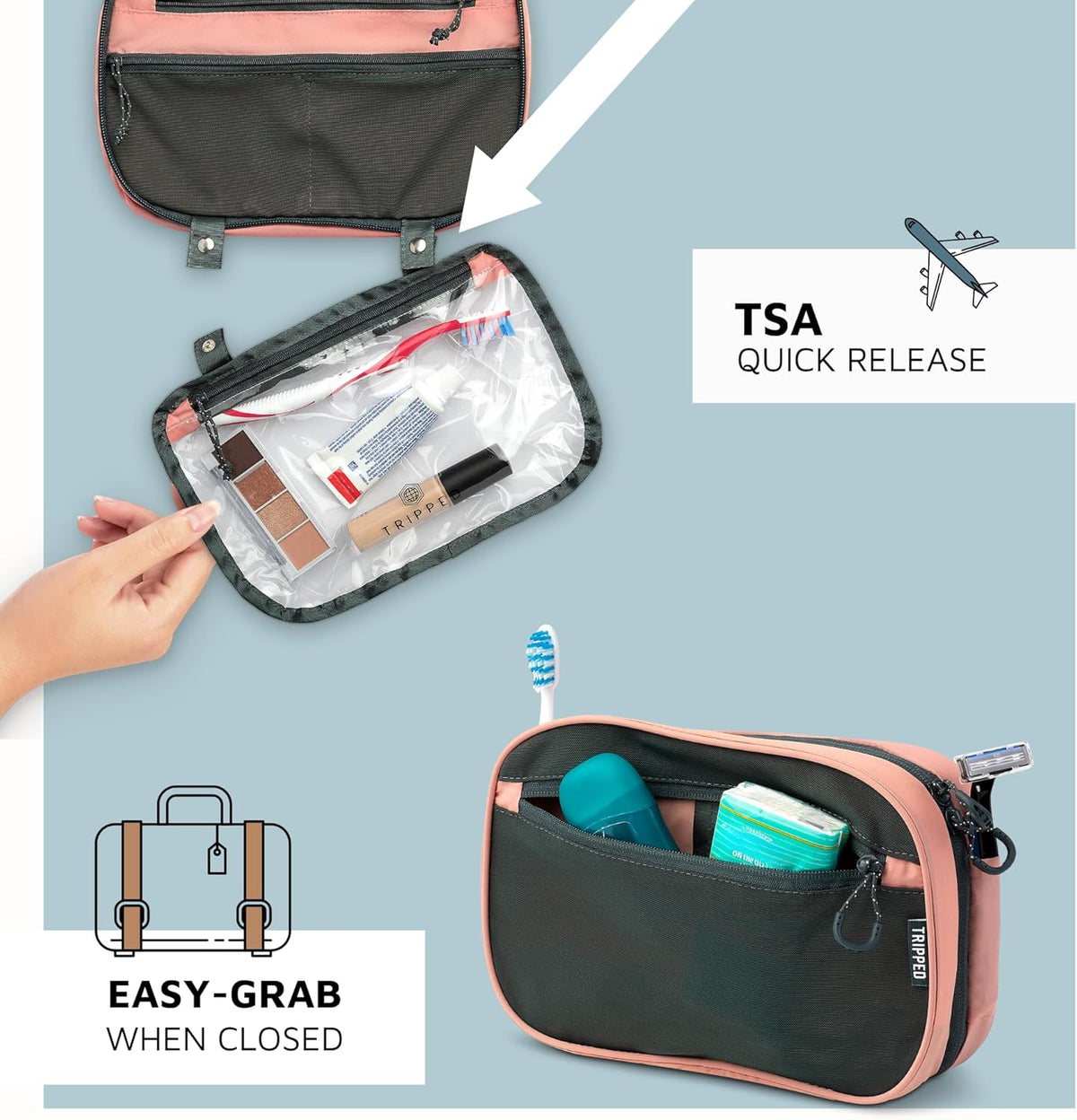 Toiletry Bag Kit 3 Piece Set: Hanging Travel Toiletry Bag + 311 TSA Cosmetic Liquid Bag + Accessory Organizer Pouch