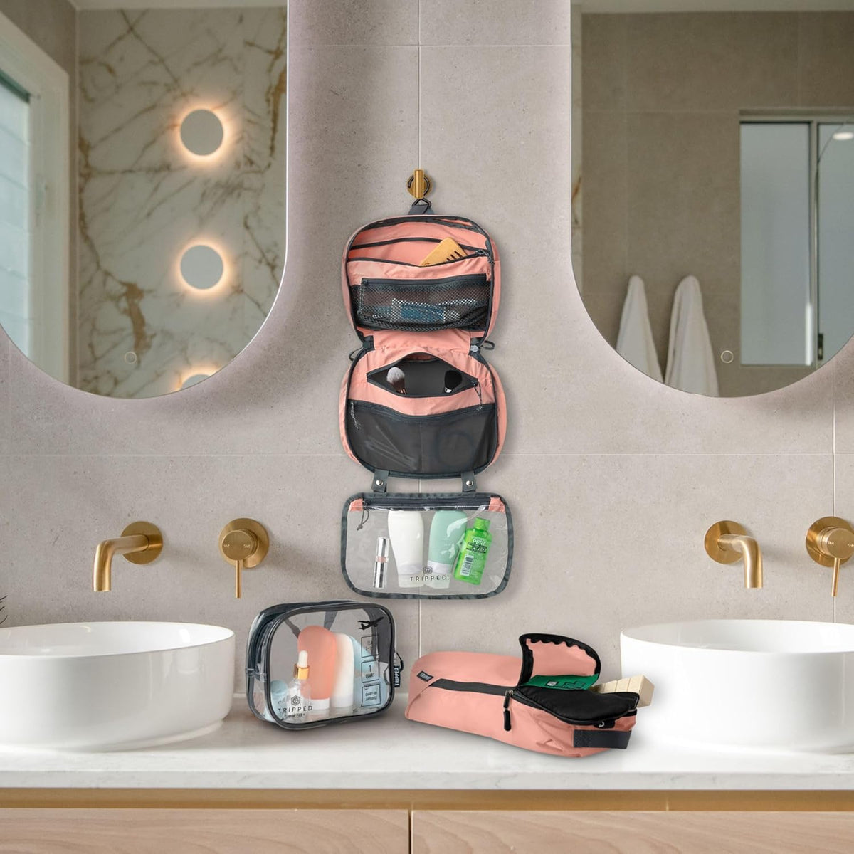 Toiletry Bag Kit 3 Piece Set: Hanging Travel Toiletry Bag + 311 TSA Cosmetic Liquid Bag + Accessory Organizer Pouch