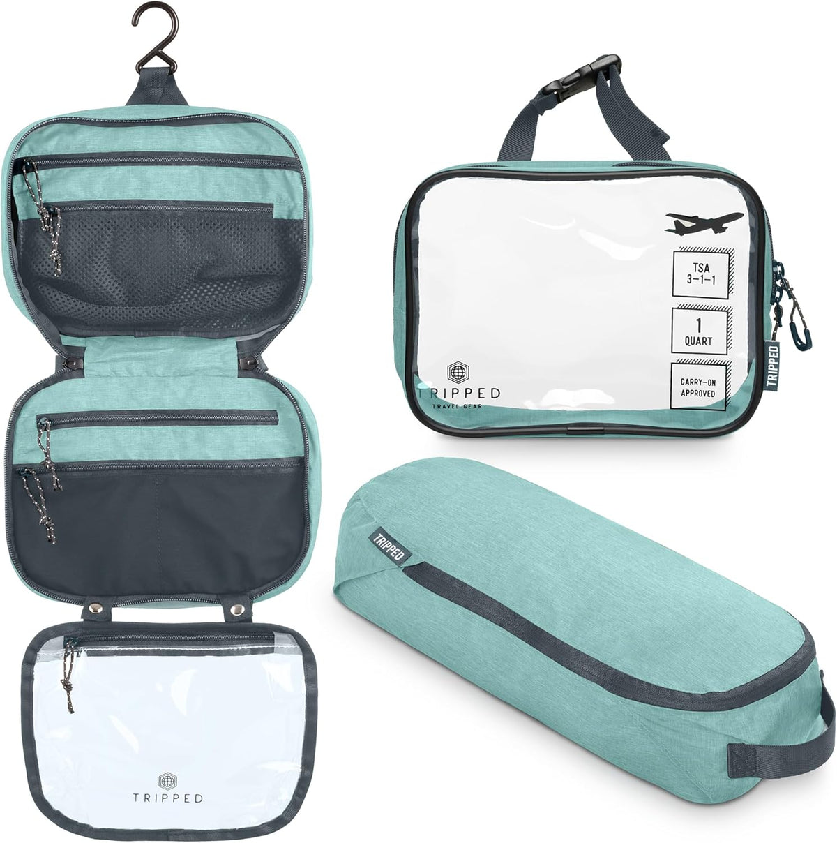 Toiletry Bag Kit 3 Piece Set: Hanging Travel Toiletry Bag + 311 TSA Cosmetic Liquid Bag + Accessory Organizer Pouch