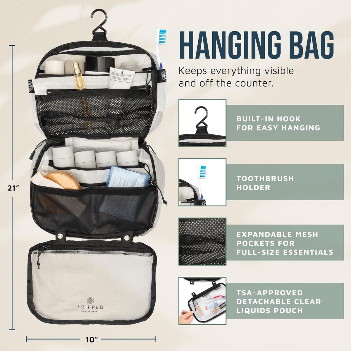 Toiletry Bag Kit 3 Piece Set: Hanging Travel Toiletry Bag + 311 TSA Cosmetic Liquid Bag + Accessory Organizer Pouch
