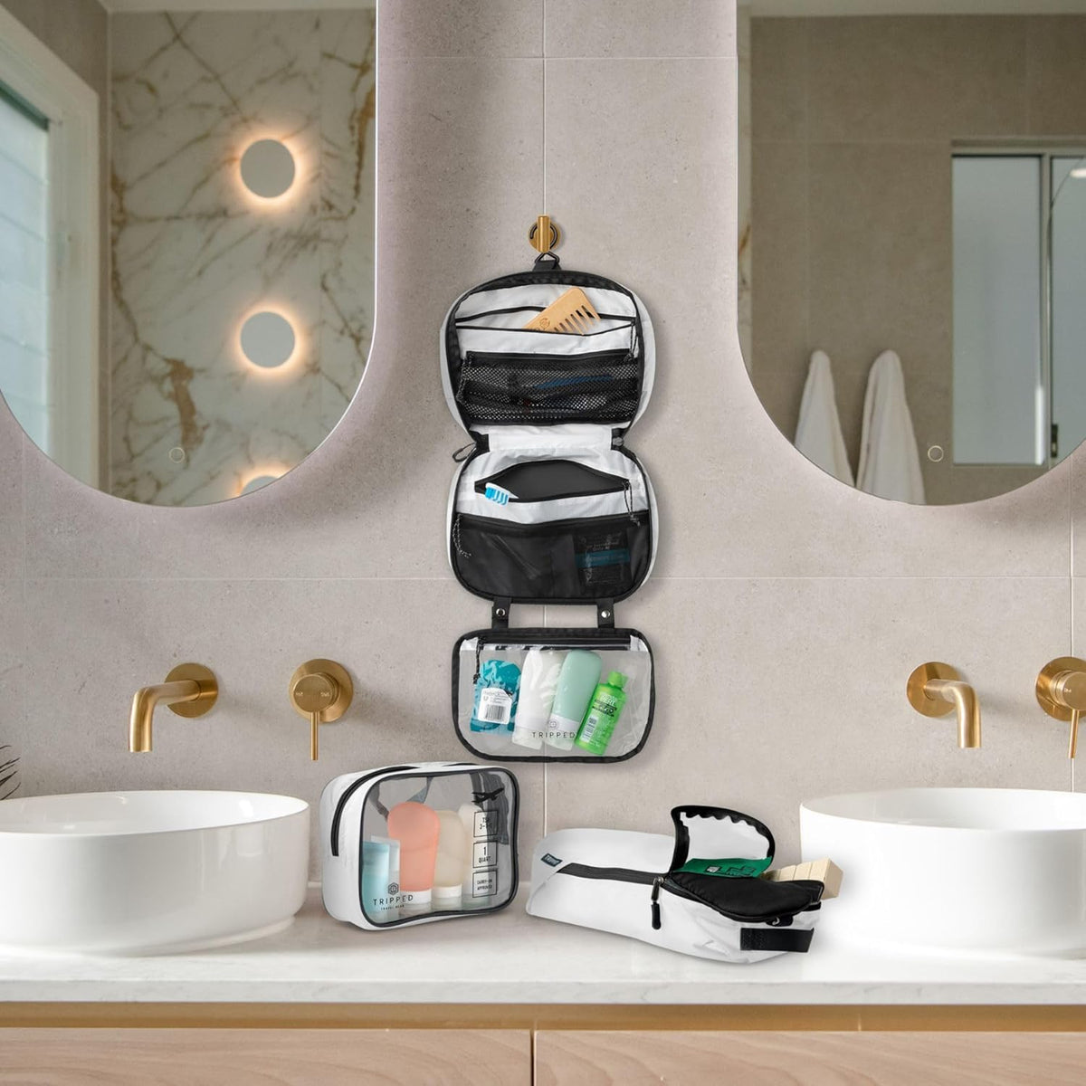 Toiletry Bag Kit 3 Piece Set: Hanging Travel Toiletry Bag + 311 TSA Cosmetic Liquid Bag + Accessory Organizer Pouch