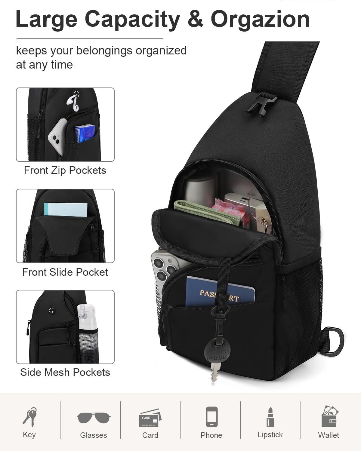 Crossbody Bags for Women Man Waterproof Sling Bag Backpack Trendy Casual Cross Body Bag with Convertible Shoulder Strap Chest Bag for Camping Hiking Travel Essentials (Black, Medium )