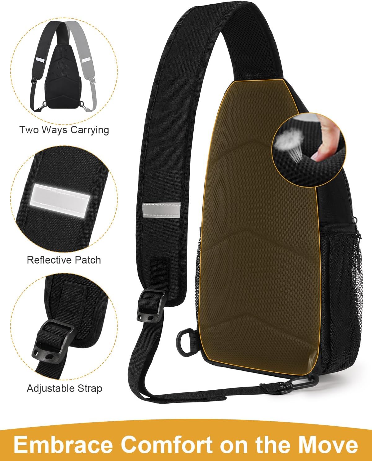 Crossbody Bags for Women Man Waterproof Sling Bag Backpack Trendy Casual Cross Body Bag with Convertible Shoulder Strap Chest Bag for Camping Hiking Travel Essentials (Black, Medium )