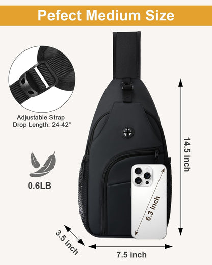 Crossbody Bags for Women Man Waterproof Sling Bag Backpack Trendy Casual Cross Body Bag with Convertible Shoulder Strap Chest Bag for Camping Hiking Travel Essentials (Black, Medium )