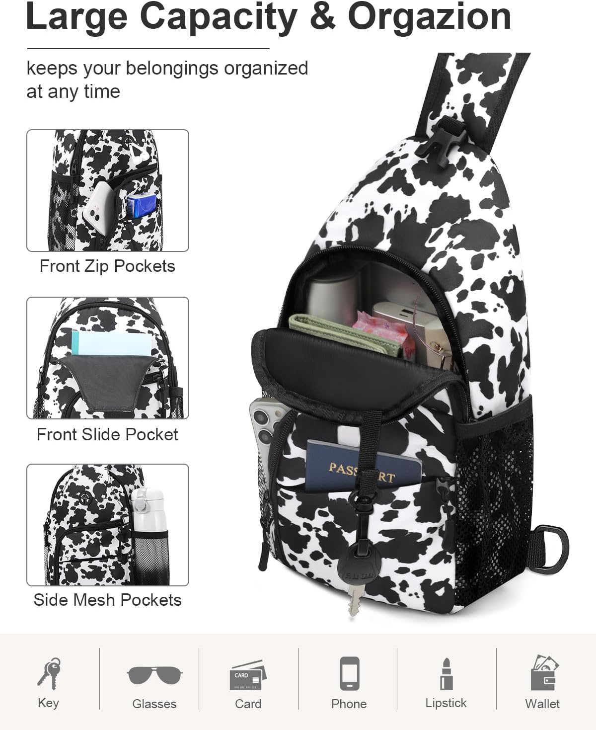Crossbody Bags for Women Man Waterproof Sling Bag Backpack Trendy Casual Cross Body Bag with Convertible Shoulder Strap Chest Bag for Camping Hiking Travel Essentials (Black, Medium )