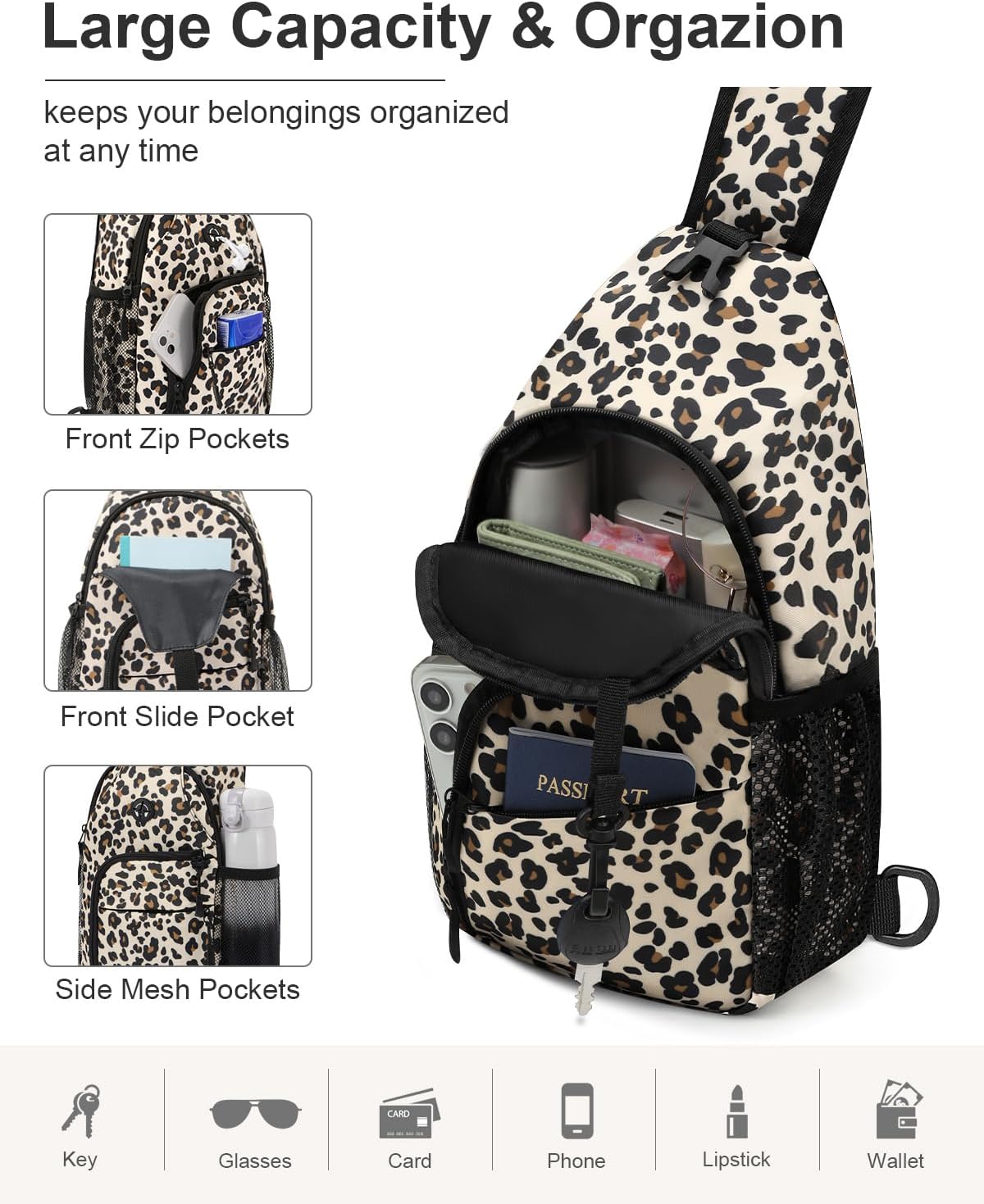 Crossbody Bags for Women Man Waterproof Sling Bag Backpack Trendy Casual Cross Body Bag with Convertible Shoulder Strap Chest Bag for Camping Hiking Travel Essentials (Black, Medium )