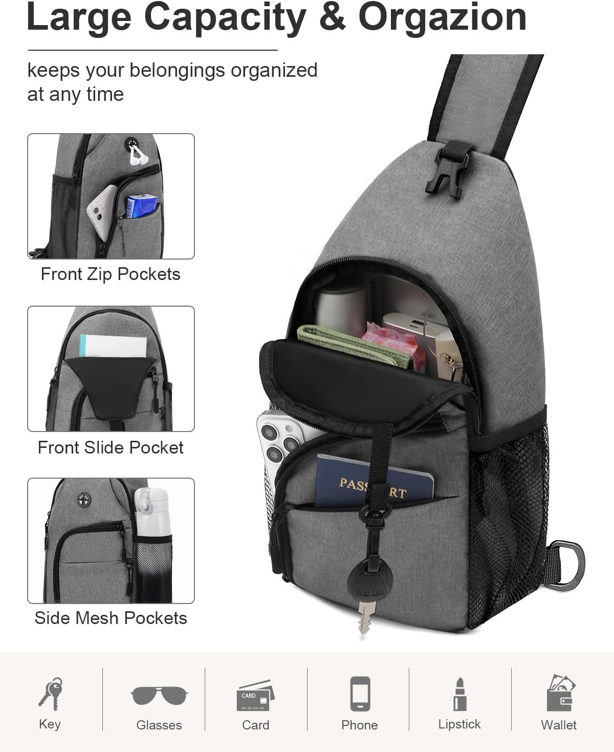 Crossbody Bags for Women Man Waterproof Sling Bag Backpack Trendy Casual Cross Body Bag with Convertible Shoulder Strap Chest Bag for Camping Hiking Travel Essentials (Black, Medium )