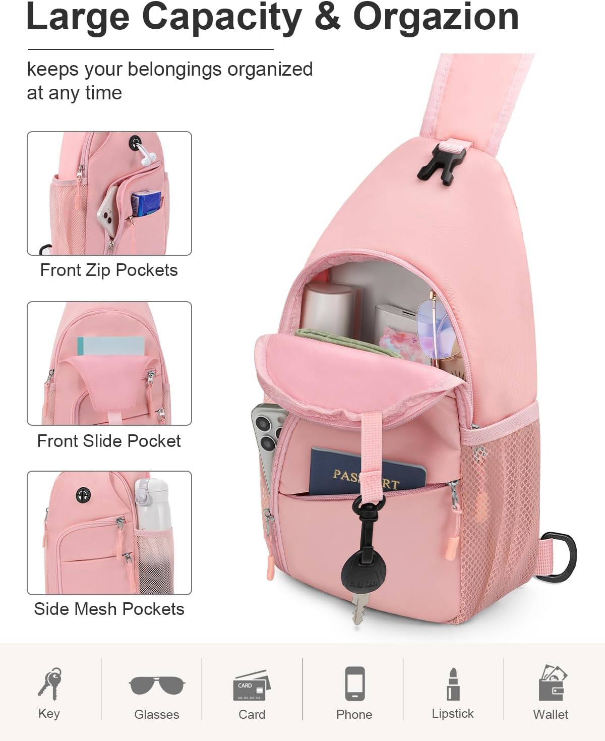 Crossbody Bags for Women Man Waterproof Sling Bag Backpack Trendy Casual Cross Body Bag with Convertible Shoulder Strap Chest Bag for Camping Hiking Travel Essentials (Black, Medium )