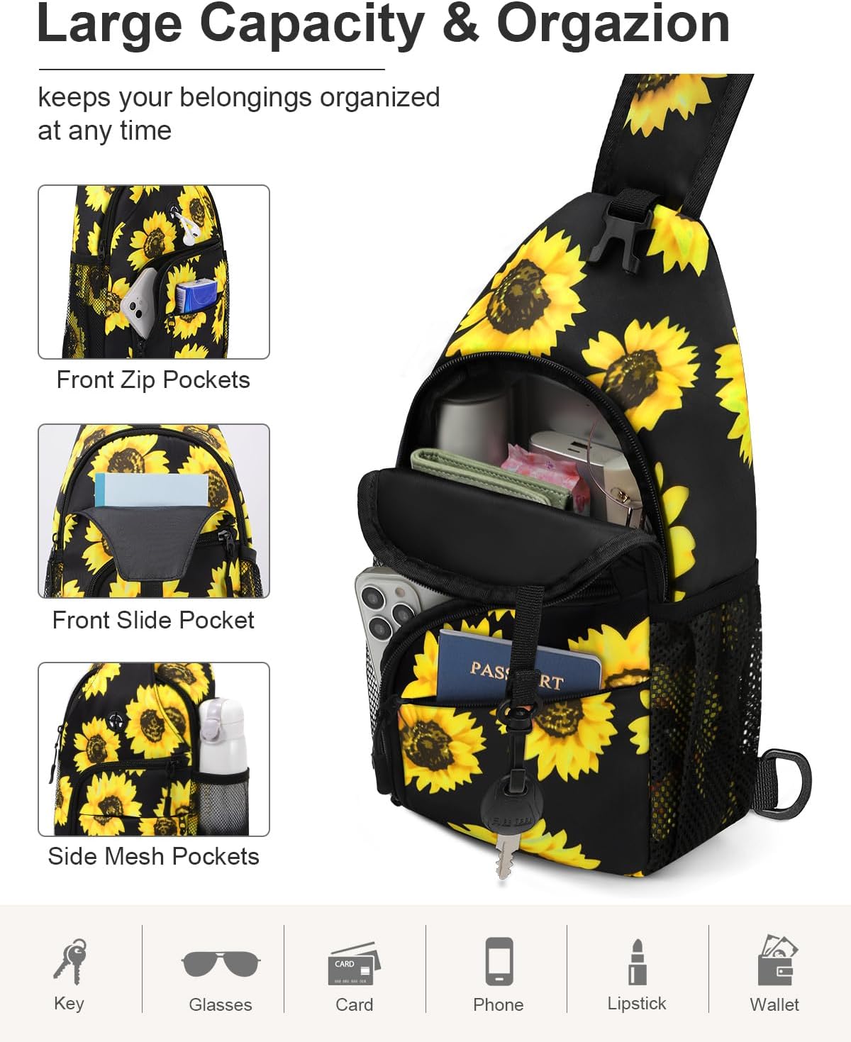 Crossbody Bags for Women Man Waterproof Sling Bag Backpack Trendy Casual Cross Body Bag with Convertible Shoulder Strap Chest Bag for Camping Hiking Travel Essentials (Black, Medium )