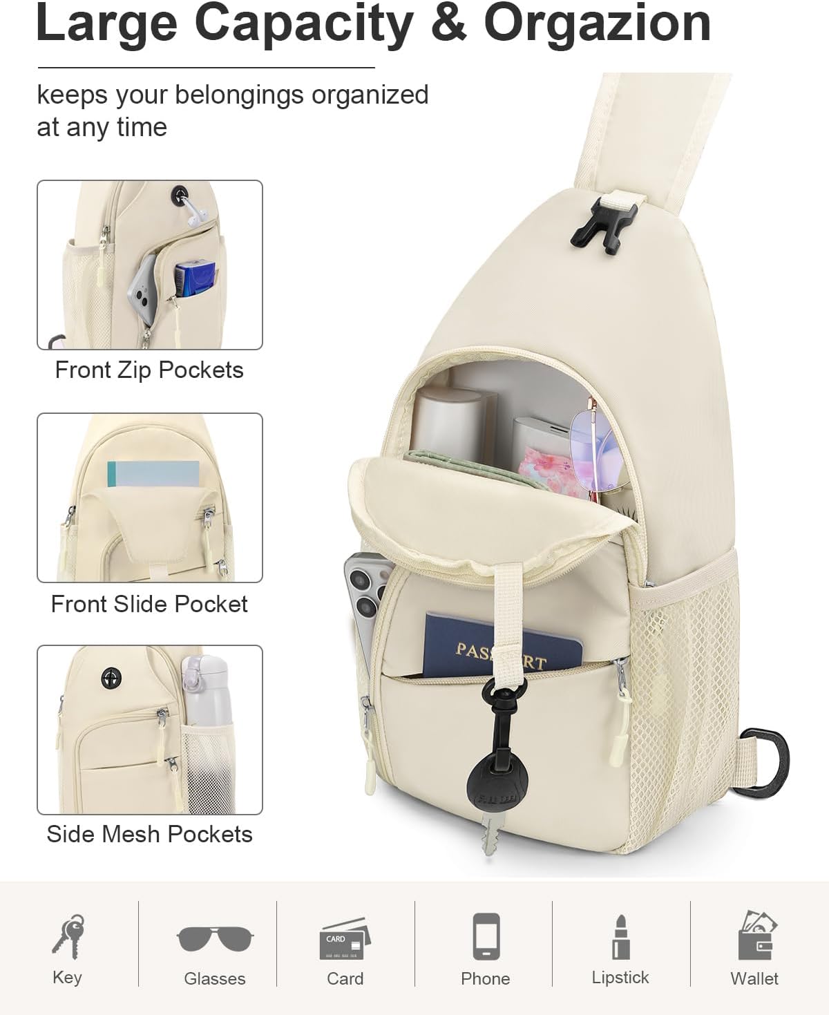 Crossbody Bags for Women Man Waterproof Sling Bag Backpack Trendy Casual Cross Body Bag with Convertible Shoulder Strap Chest Bag for Camping Hiking Travel Essentials (Black, Medium )