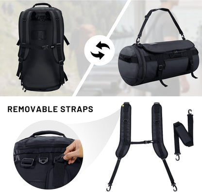 Large Duffle Bag Backpack for Travel Camping Gym Sports, 45L/60L/90L | Water Resistant, Convertible Duffel, Detachable Backpack Straps, Shoe Compartment, Heavy-Duty Tarpaulin, 3 Sizes