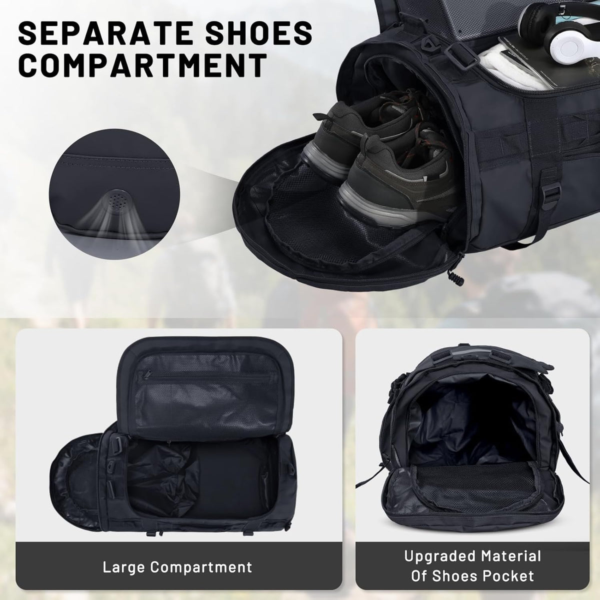 Large Duffle Bag Backpack for Travel Camping Gym Sports, 45L/60L/90L | Water Resistant, Convertible Duffel, Detachable Backpack Straps, Shoe Compartment, Heavy-Duty Tarpaulin, 3 Sizes