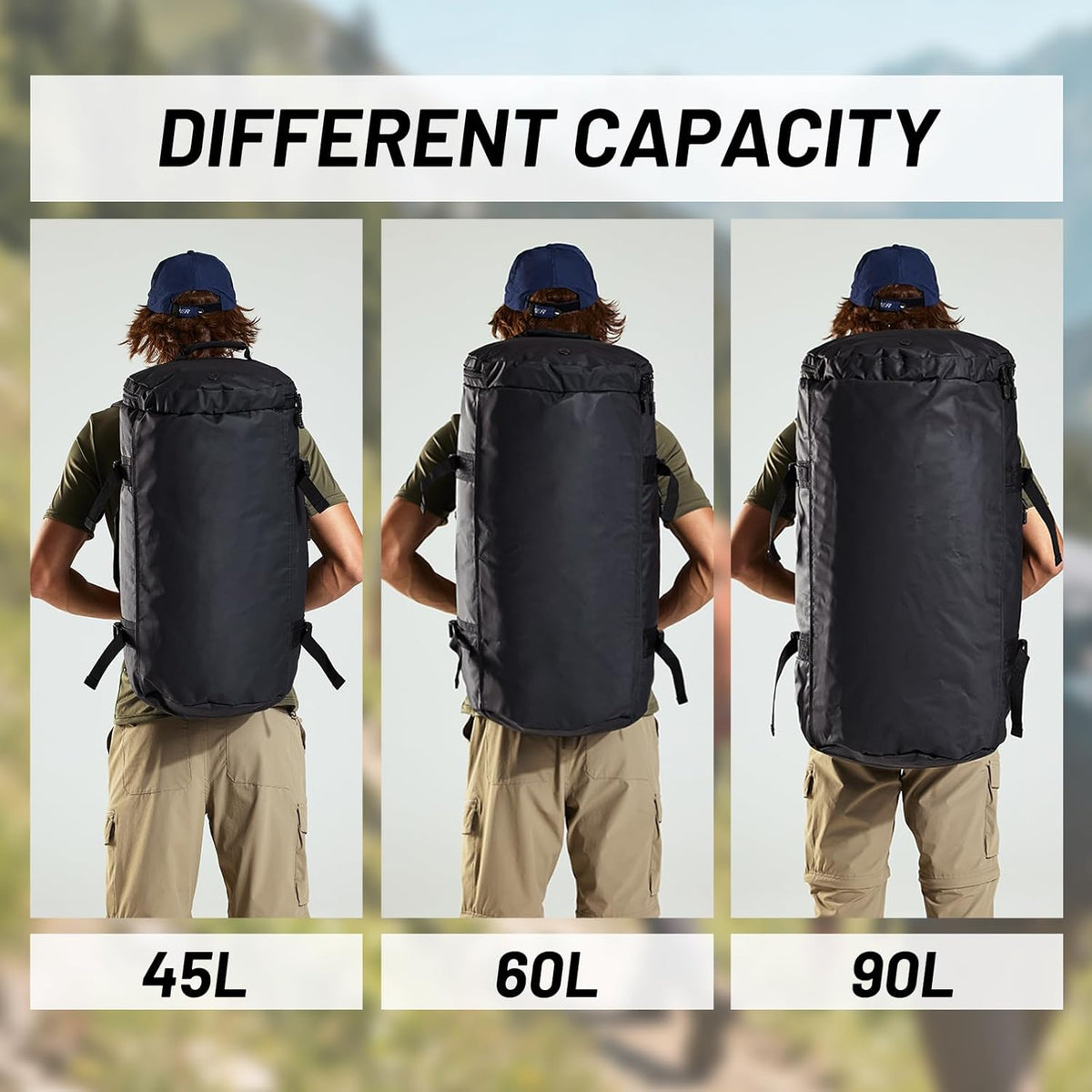 Large Duffle Bag Backpack for Travel Camping Gym Sports, 45L/60L/90L | Water Resistant, Convertible Duffel, Detachable Backpack Straps, Shoe Compartment, Heavy-Duty Tarpaulin, 3 Sizes