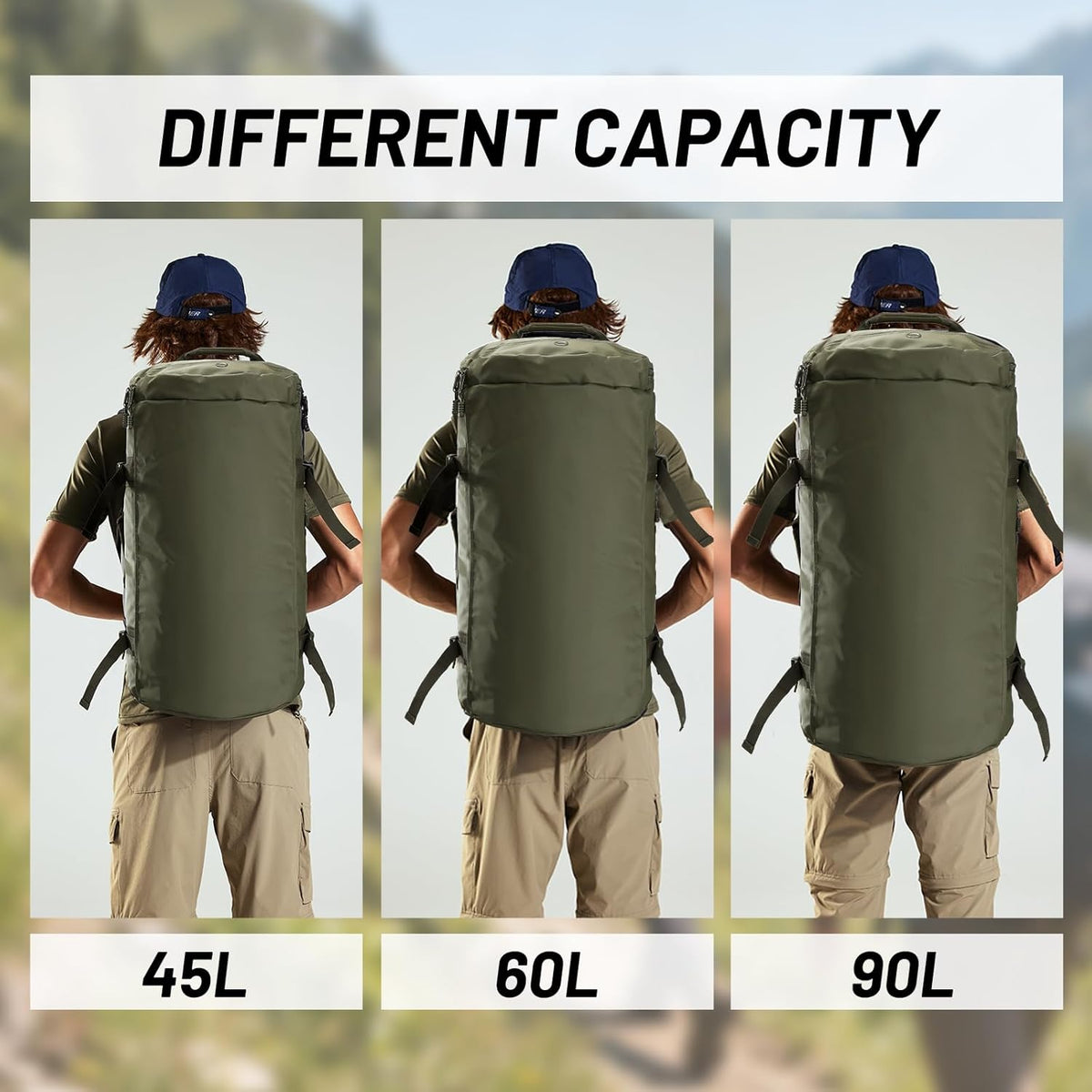 Large Duffle Bag Backpack for Travel Camping Gym Sports, 45L/60L/90L | Water Resistant, Convertible Duffel, Detachable Backpack Straps, Shoe Compartment, Heavy-Duty Tarpaulin, 3 Sizes