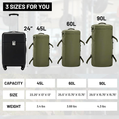 Large Duffle Bag Backpack for Travel Camping Gym Sports, 45L/60L/90L | Water Resistant, Convertible Duffel, Detachable Backpack Straps, Shoe Compartment, Heavy-Duty Tarpaulin, 3 Sizes