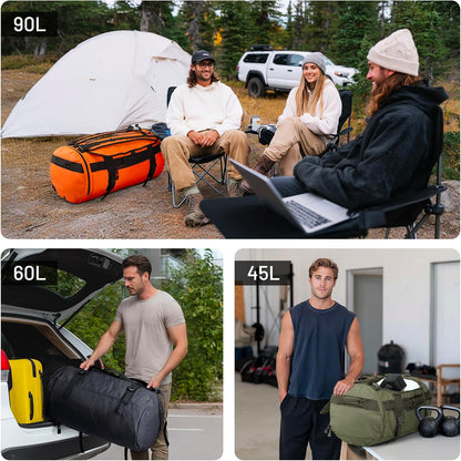 Large Duffle Bag Backpack for Travel Camping Gym Sports, 45L/60L/90L | Water Resistant, Convertible Duffel, Detachable Backpack Straps, Shoe Compartment, Heavy-Duty Tarpaulin, 3 Sizes