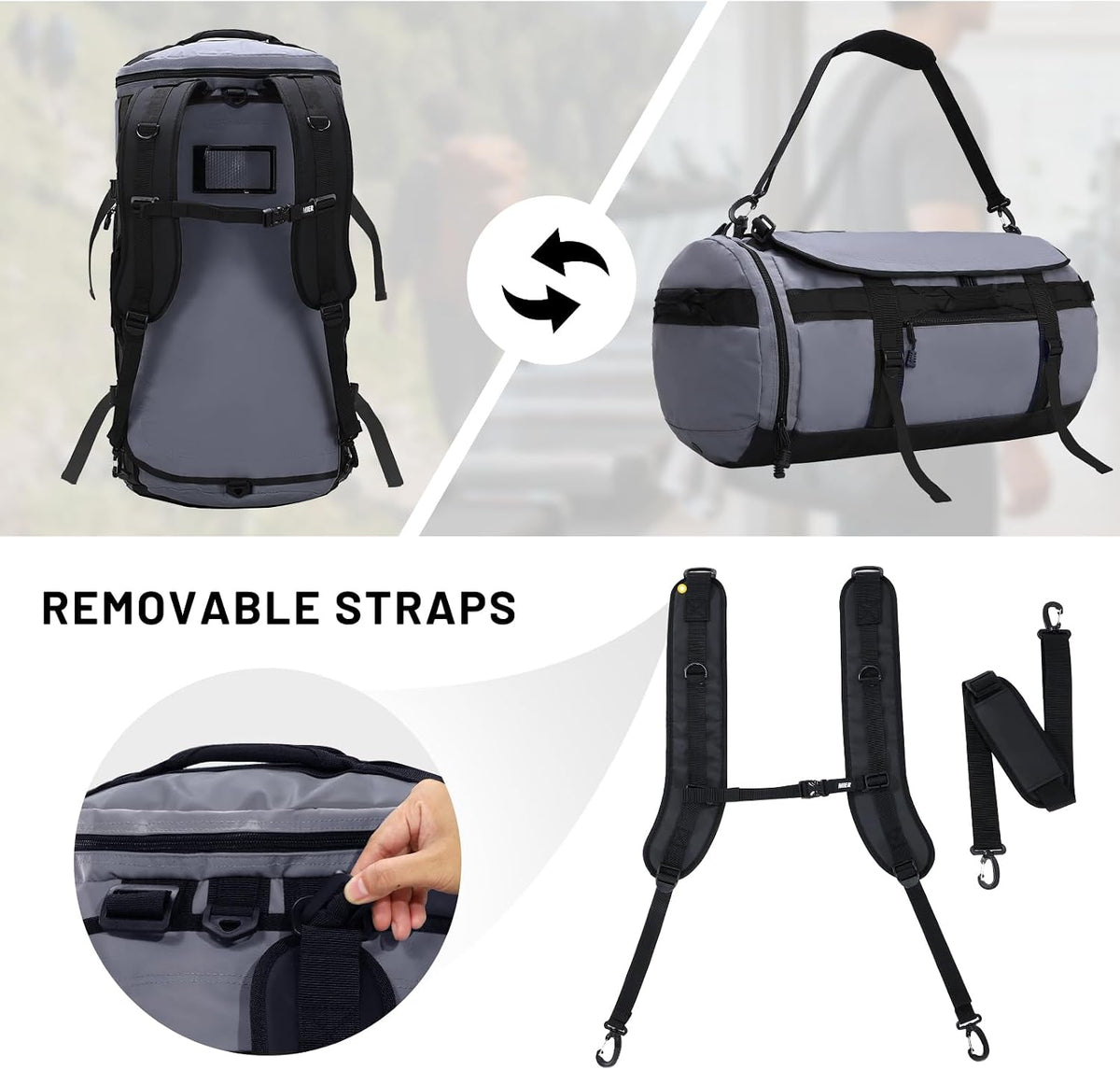Large Duffle Bag Backpack for Travel Camping Gym Sports, 45L/60L/90L | Water Resistant, Convertible Duffel, Detachable Backpack Straps, Shoe Compartment, Heavy-Duty Tarpaulin, 3 Sizes