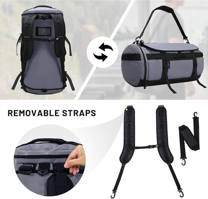 Large Duffle Bag Backpack for Travel Camping Gym Sports, 45L/60L/90L | Water Resistant, Convertible Duffel, Detachable Backpack Straps, Shoe Compartment, Heavy-Duty Tarpaulin, 3 Sizes