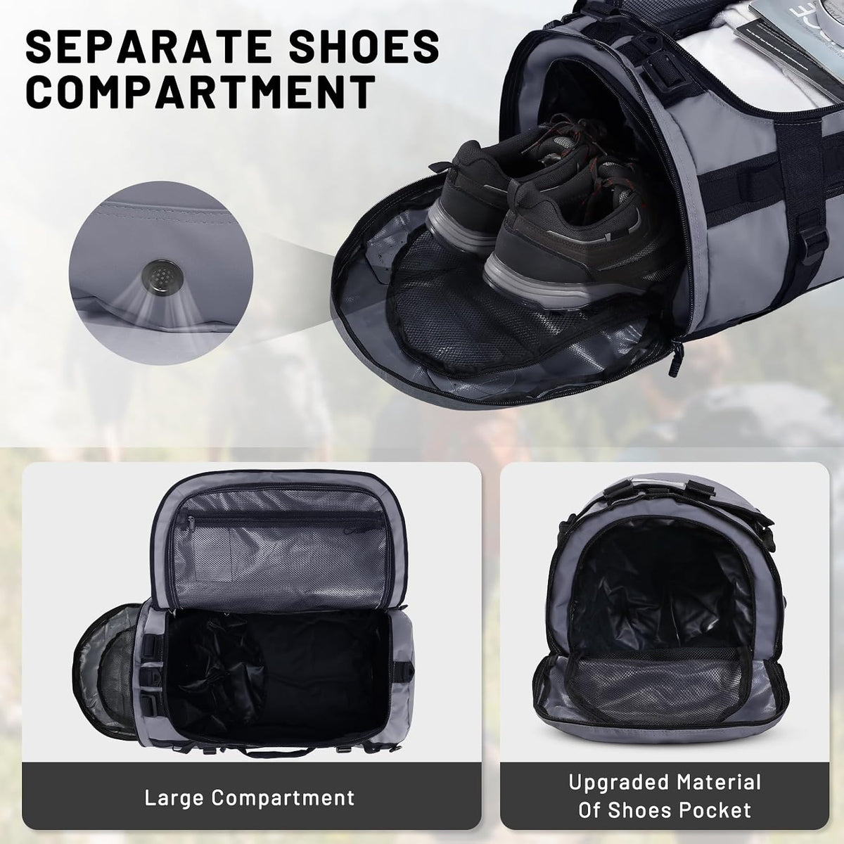 Large Duffle Bag Backpack for Travel Camping Gym Sports, 45L/60L/90L | Water Resistant, Convertible Duffel, Detachable Backpack Straps, Shoe Compartment, Heavy-Duty Tarpaulin, 3 Sizes