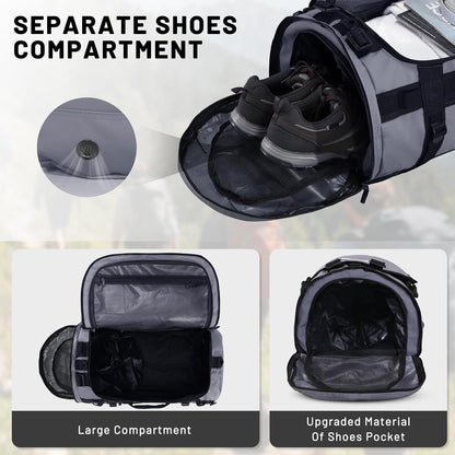 Large Duffle Bag Backpack for Travel Camping Gym Sports, 45L/60L/90L | Water Resistant, Convertible Duffel, Detachable Backpack Straps, Shoe Compartment, Heavy-Duty Tarpaulin, 3 Sizes