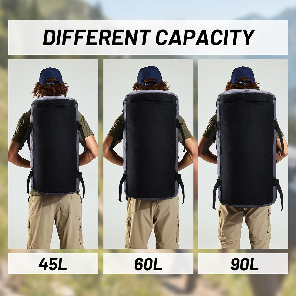 Large Duffle Bag Backpack for Travel Camping Gym Sports, 45L/60L/90L | Water Resistant, Convertible Duffel, Detachable Backpack Straps, Shoe Compartment, Heavy-Duty Tarpaulin, 3 Sizes
