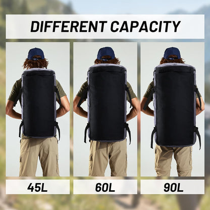 Large Duffle Bag Backpack for Travel Camping Gym Sports, 45L/60L/90L | Water Resistant, Convertible Duffel, Detachable Backpack Straps, Shoe Compartment, Heavy-Duty Tarpaulin, 3 Sizes