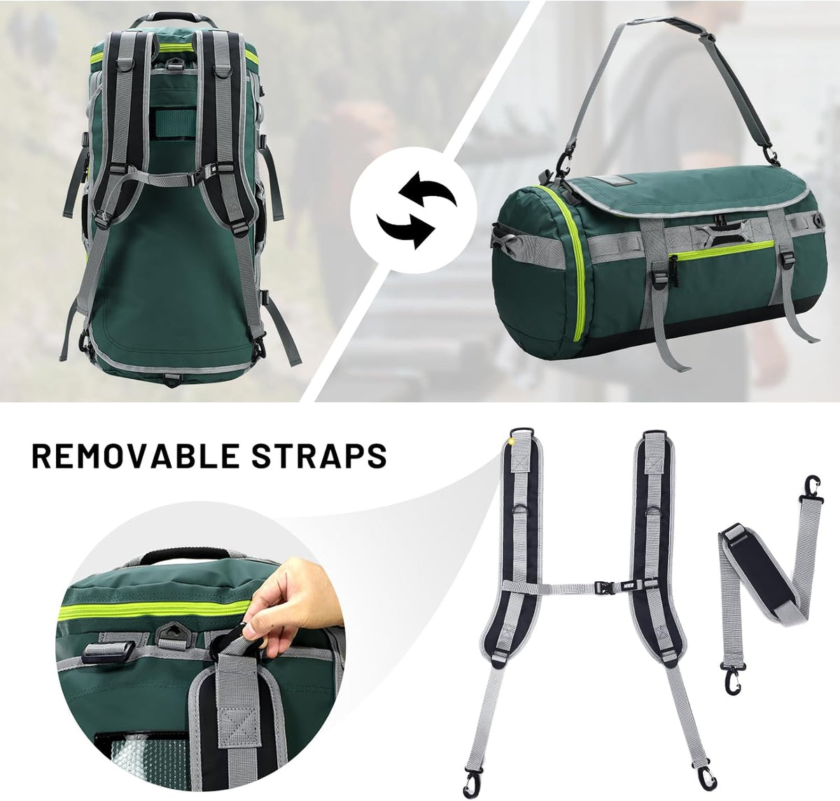 Large Duffle Bag Backpack for Travel Camping Gym Sports, 45L/60L/90L | Water Resistant, Convertible Duffel, Detachable Backpack Straps, Shoe Compartment, Heavy-Duty Tarpaulin, 3 Sizes