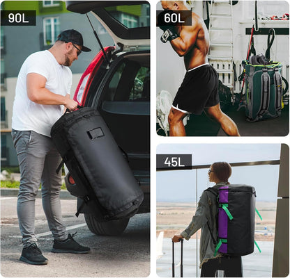 Large Duffle Bag Backpack for Travel Camping Gym Sports, 45L/60L/90L | Water Resistant, Convertible Duffel, Detachable Backpack Straps, Shoe Compartment, Heavy-Duty Tarpaulin, 3 Sizes
