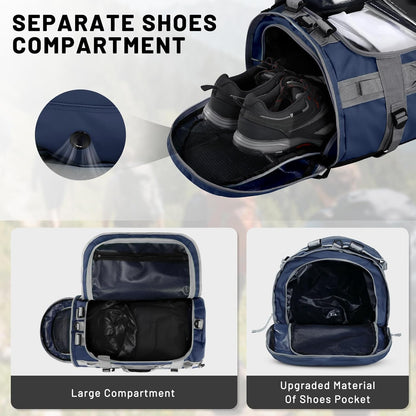 Large Duffle Bag Backpack for Travel Camping Gym Sports, 45L/60L/90L | Water Resistant, Convertible Duffel, Detachable Backpack Straps, Shoe Compartment, Heavy-Duty Tarpaulin, 3 Sizes