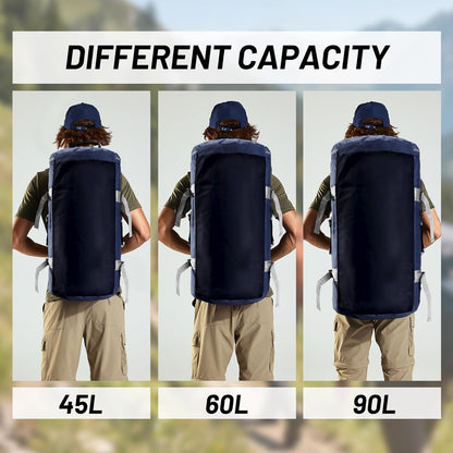 Large Duffle Bag Backpack for Travel Camping Gym Sports, 45L/60L/90L | Water Resistant, Convertible Duffel, Detachable Backpack Straps, Shoe Compartment, Heavy-Duty Tarpaulin, 3 Sizes