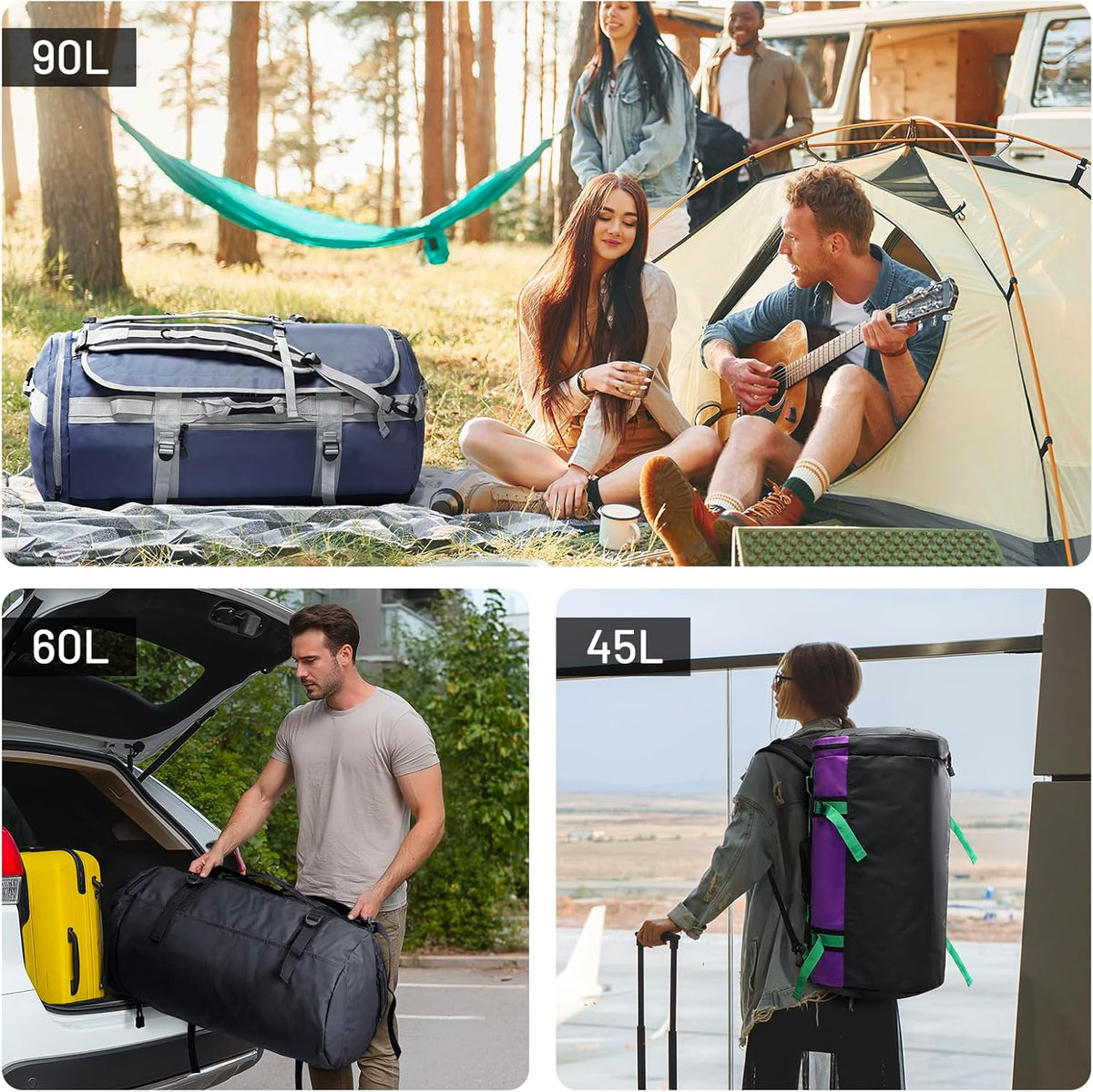 Large Duffle Bag Backpack for Travel Camping Gym Sports, 45L/60L/90L | Water Resistant, Convertible Duffel, Detachable Backpack Straps, Shoe Compartment, Heavy-Duty Tarpaulin, 3 Sizes