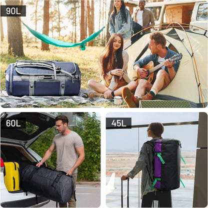 Large Duffle Bag Backpack for Travel Camping Gym Sports, 45L/60L/90L | Water Resistant, Convertible Duffel, Detachable Backpack Straps, Shoe Compartment, Heavy-Duty Tarpaulin, 3 Sizes