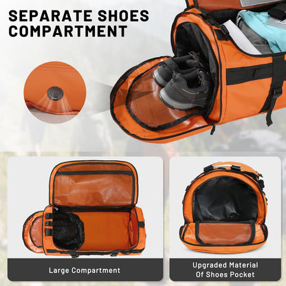 Large Duffle Bag Backpack for Travel Camping Gym Sports, 45L/60L/90L | Water Resistant, Convertible Duffel, Detachable Backpack Straps, Shoe Compartment, Heavy-Duty Tarpaulin, 3 Sizes