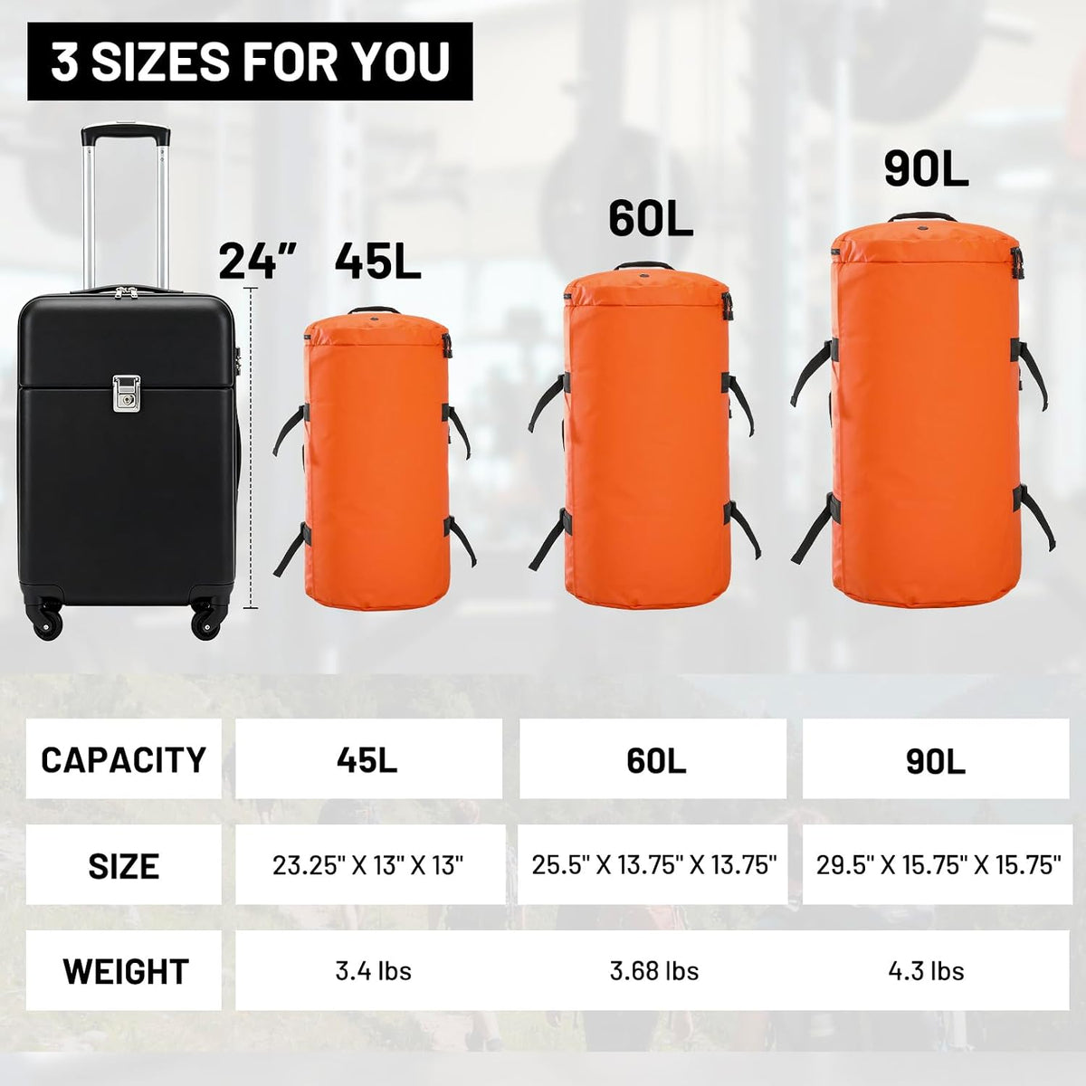 Large Duffle Bag Backpack for Travel Camping Gym Sports, 45L/60L/90L | Water Resistant, Convertible Duffel, Detachable Backpack Straps, Shoe Compartment, Heavy-Duty Tarpaulin, 3 Sizes