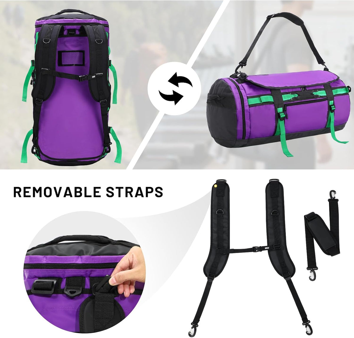 Large Duffle Bag Backpack for Travel Camping Gym Sports, 45L/60L/90L | Water Resistant, Convertible Duffel, Detachable Backpack Straps, Shoe Compartment, Heavy-Duty Tarpaulin, 3 Sizes