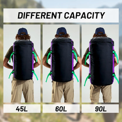 Large Duffle Bag Backpack for Travel Camping Gym Sports, 45L/60L/90L | Water Resistant, Convertible Duffel, Detachable Backpack Straps, Shoe Compartment, Heavy-Duty Tarpaulin, 3 Sizes