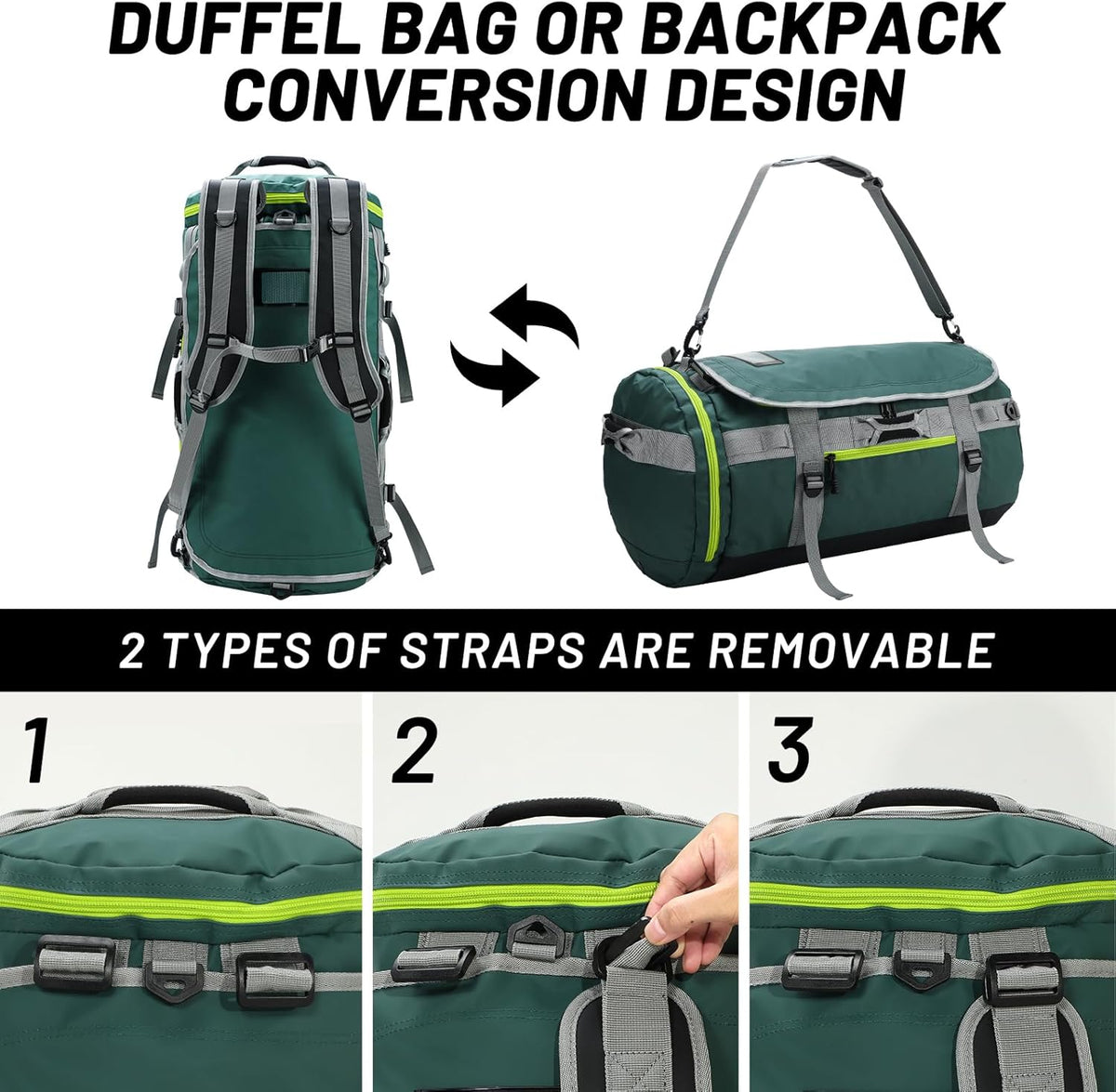 Large Duffle Bag Backpack for Travel Camping Gym Sports, 45L/60L/90L | Water Resistant, Convertible Duffel, Detachable Backpack Straps, Shoe Compartment, Heavy-Duty Tarpaulin, 3 Sizes