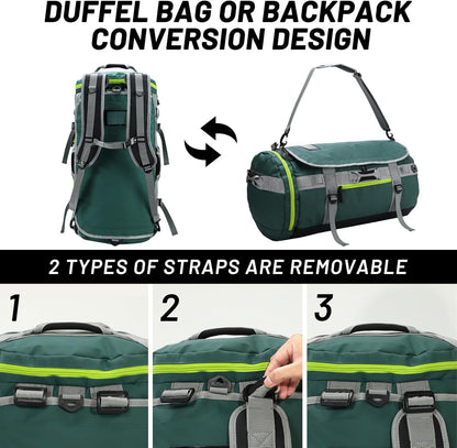 Large Duffle Bag Backpack for Travel Camping Gym Sports, 45L/60L/90L | Water Resistant, Convertible Duffel, Detachable Backpack Straps, Shoe Compartment, Heavy-Duty Tarpaulin, 3 Sizes