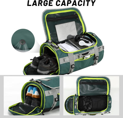Large Duffle Bag Backpack for Travel Camping Gym Sports, 45L/60L/90L | Water Resistant, Convertible Duffel, Detachable Backpack Straps, Shoe Compartment, Heavy-Duty Tarpaulin, 3 Sizes