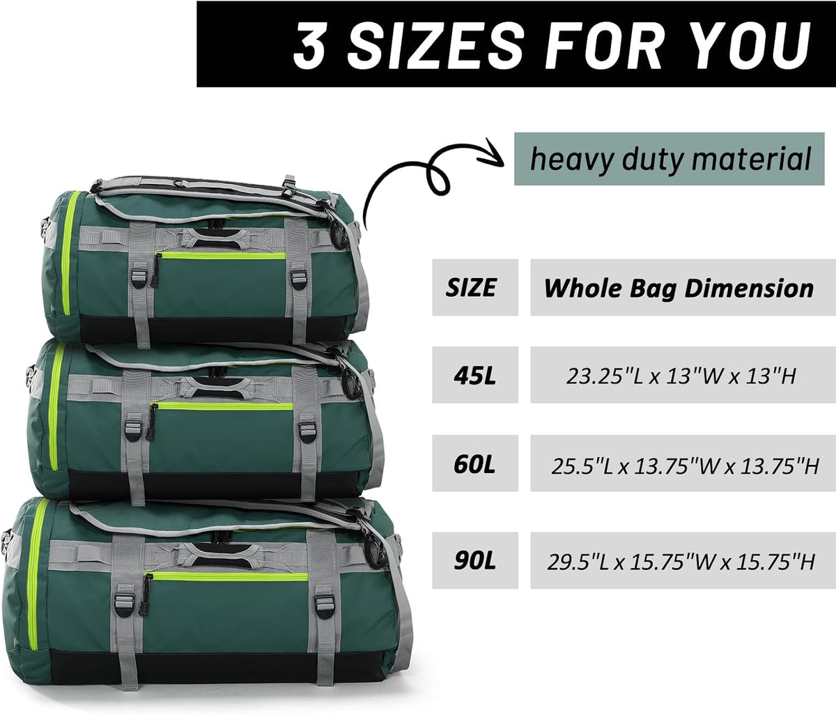 Large Duffle Bag Backpack for Travel Camping Gym Sports, 45L/60L/90L | Water Resistant, Convertible Duffel, Detachable Backpack Straps, Shoe Compartment, Heavy-Duty Tarpaulin, 3 Sizes