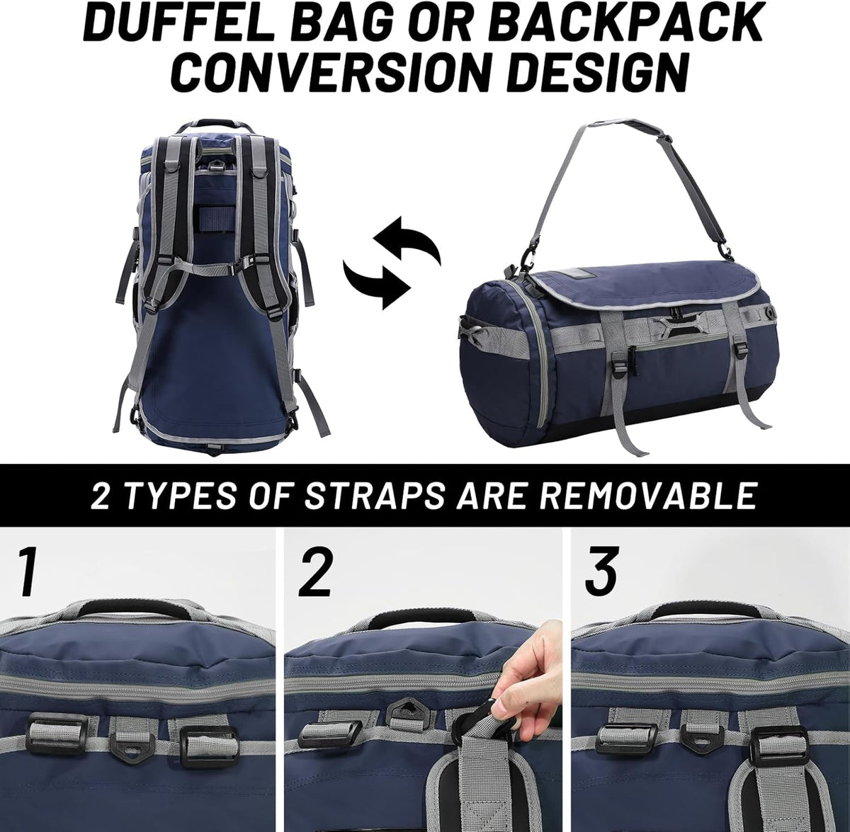 Large Duffle Bag Backpack for Travel Camping Gym Sports, 45L/60L/90L | Water Resistant, Convertible Duffel, Detachable Backpack Straps, Shoe Compartment, Heavy-Duty Tarpaulin, 3 Sizes