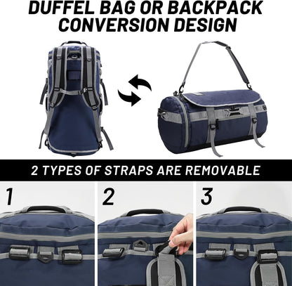 Large Duffle Bag Backpack for Travel Camping Gym Sports, 45L/60L/90L | Water Resistant, Convertible Duffel, Detachable Backpack Straps, Shoe Compartment, Heavy-Duty Tarpaulin, 3 Sizes